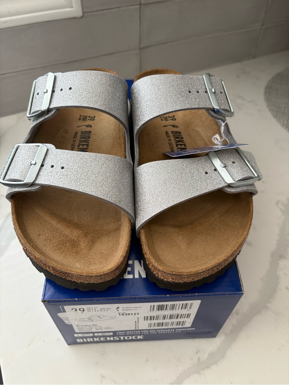 New Birkenstock Arizona Silver Glitter Sandals